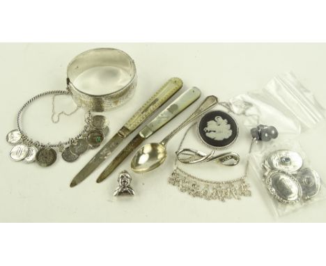 Group of silver items, mother of pearl handled fruit knives, etc.