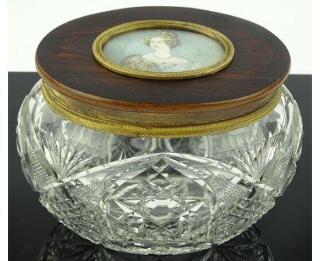 A cut-glass oval box, with hinged rosewood lid and inset miniature watercolour portrait of a girl, overall width 20cm.