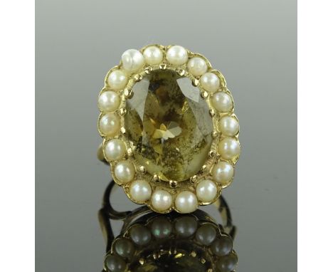 A large 9ct gold pearl and smokey quartz set ring, setting height 24mm, size P.