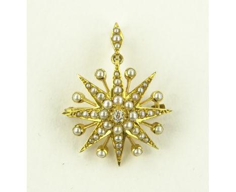 An Edwardian unmarked gold diamond and pearl set starburst pendant brooch, settings test as 18ct gold, overall length 32mm, 4