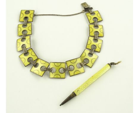 A silver and yellow enamel bracelet and an enamelled pocket pencil, (2).