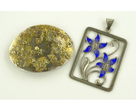 A silver and blue enamel pendant and a silver abstract design brooch, (2).