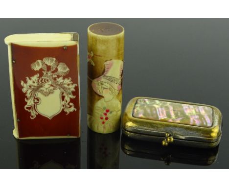 3 Various ivory and mother of pearl mounted vesta cases, largest length 6cm, (3).