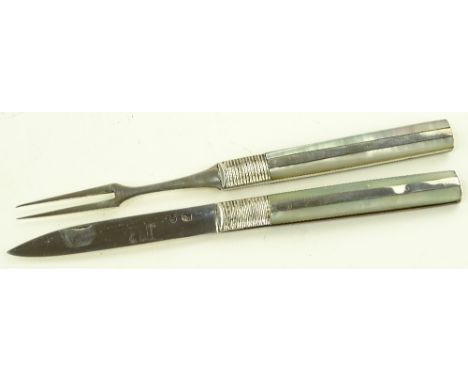 A 19th century silver and mother of pearl handled travelling knife and fork, original Morocco leather case, case length 9cm.