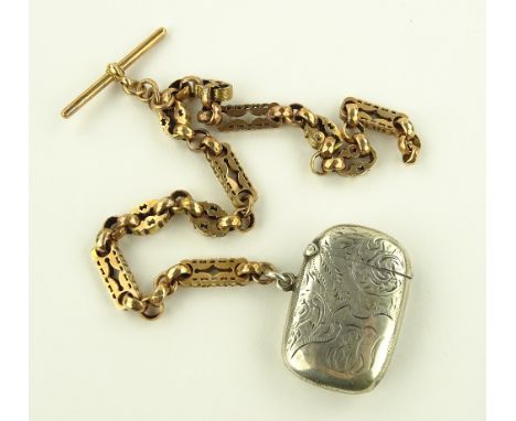 A 9ct gold fancy-link Albert watch chain, 22g, and an engraved silver vesta case.