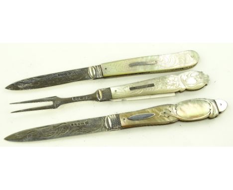 3 19th century silver and carved mother of pearl handled fruit knives, (3).
