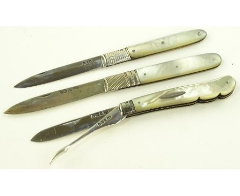 3 19th century silver and mother of pearl handled fruit knives, (3).