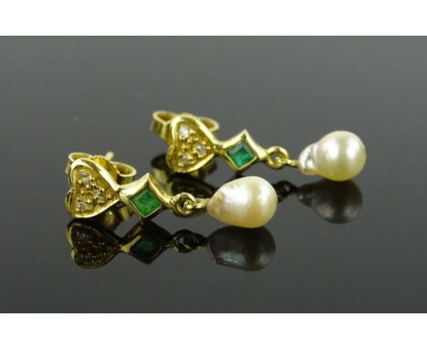 A pair of diamond, emerald and pearl mounted gold earrings, length 21mm.