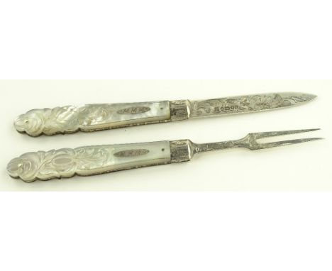 Victorian silver and carved mother of pearl handled travelling knife and fork, Sheffield 1858, original leather case, case le