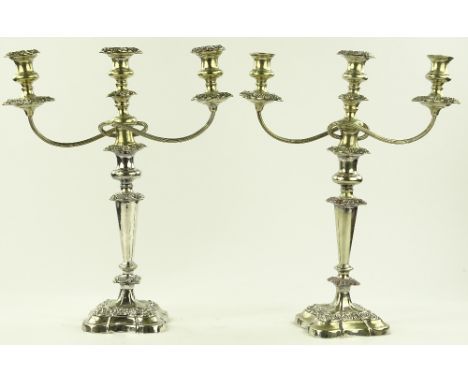 Pair of electroplate twin branch candelabra, height 47cm.