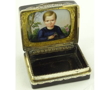 A 19th century tortoiseshell gold and silver inlaid snuff box with inset miniature painted portrait of a child inside the lid