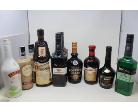 Twelve Assorted Liqueurs to include One Drambuie Honeyed Scotch Whisky Liqueur 70cl, BV Land Apricot Brandy 70cl x 4, Buffalo