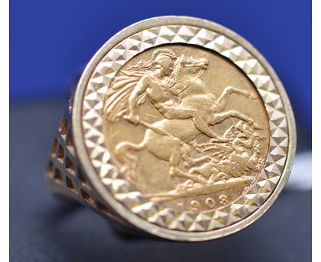 An Edward VII gold half sovereign, 1908, in 9ct. yellow gold ring mount, ring size P, 7.3grms.