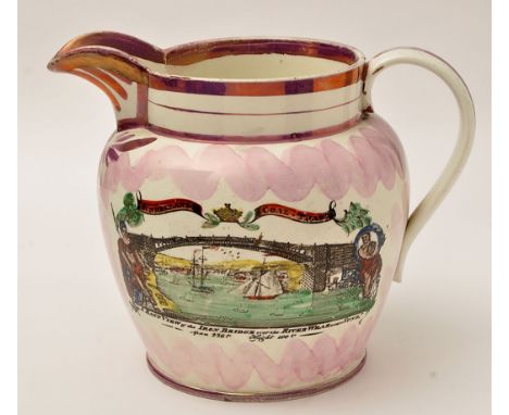 Large coloured printed lustre creamware jug of North East 'interest', with "EAST VIEW of the IRON BRIDGE over the RIVER WEAR"