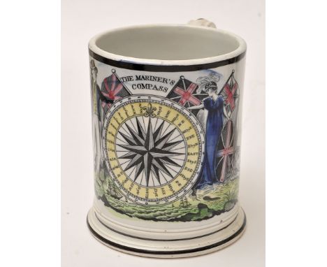 Coloured printed pearlware frog mug of 'North East' interest, with "THE MARINER'S COMPASS", black bands to rim and foot, heig