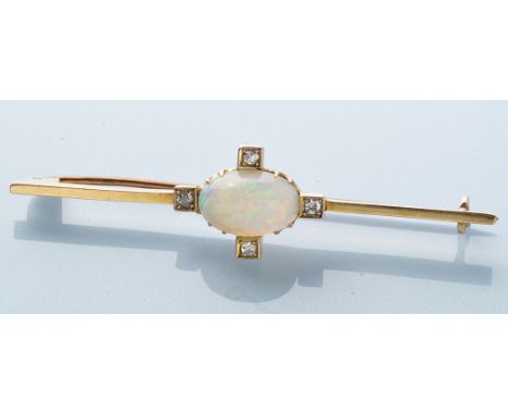 An opal and diamond bar brooch, the oval opal cabochon set with eight-cut diamonds at compass points, on yellow metal bar, 6.