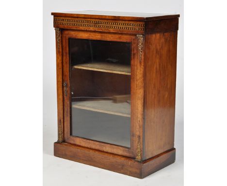 A 19th Century inlaid walnut tabletop music display cabinet, the frieze with chequer inlay above glazed panel door enclosing 