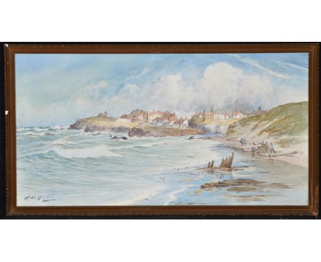 Thomas Swift Hutton(1860- after 1935)A blustery day on the beach at Seaton Sluice,signed,watercolour,39 x 75cms; 15 1/4 x 29 
