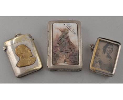 A silver plated and mother-of-pearl vesta case, the cover with carved scene of fishergirl, 6cms (2 1/2in.); a late Victorian 