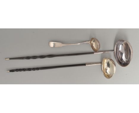 A late Georgian silver toddy ladle, by C.R./M. & *, fiddle pattern, engraved initials; and a Georgian silver toddy ladle, mar