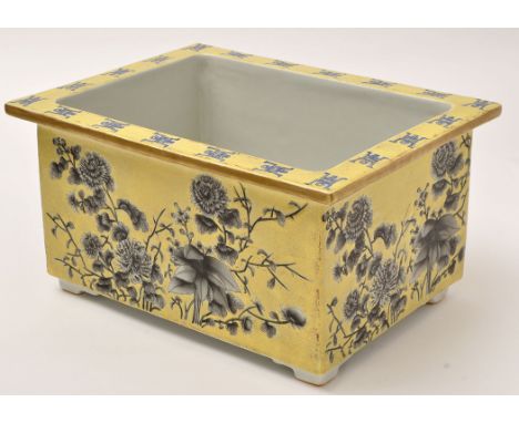 Chinese yellow crackle glaze plant trough with flowers and foliage in reserve painted 'en grisaille', gilt edges, length 25.5