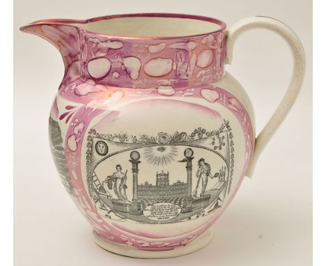Large printed lustre pearlware jug of 'North East' interest, with "West VIEW of the IRON BRIDGE over the WEAR", verse "Friend
