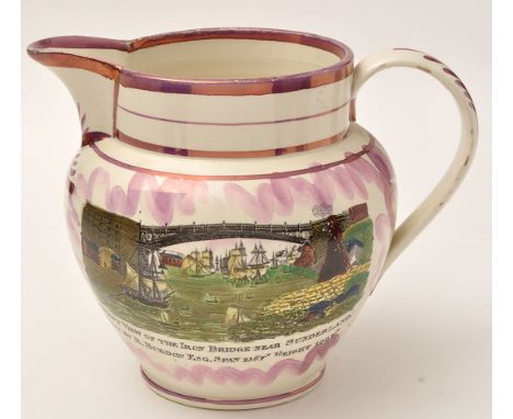Coloured printed lustre creamware jug of 'North East' interest, with "West View of The Iron Bridge near Sunderland" and "Reme