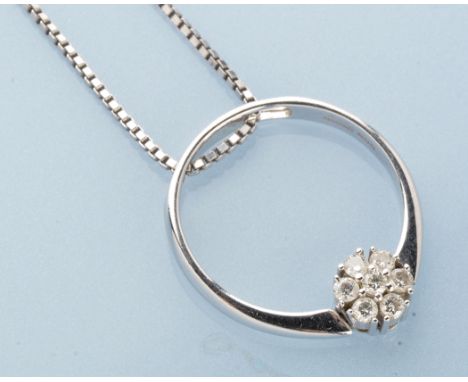 A diamond ring/pendant, the hinged diamond set cluster, on an 18ct. white gold shank, size M, pierced shank on box link chain