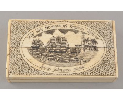 A 19th Century bone trinket box, rectangular inscribed "Ship HMS Newcastle off Kingston Harbour/Jacob Johnston, Master", capi