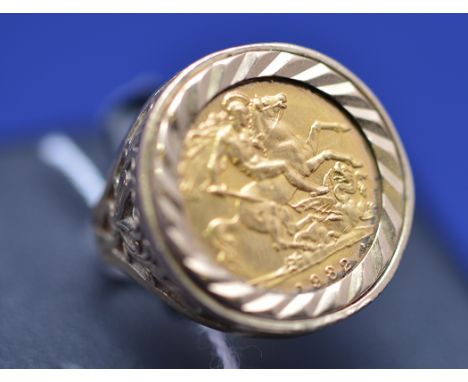An Elizabeth II gold half sovereign, 1982, in 9ct. yellow gold ring mount, ring size N, 8.4grms.