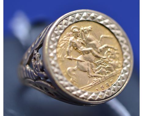 An Elizabeth II gold half sovereign, 1982, in 9ct. yellow gold ring mount, ring size S, 8.9grms.