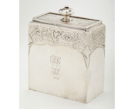 A George II silver tea caddy, maker's mark indistinct, London 1736, rectangular shaped with embossed chased foliate decoratio