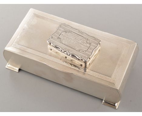 A Victorian silver snuff box, by David Pettifer, Birmingham 1855, of engine turned rectangular form, with presentation inscri