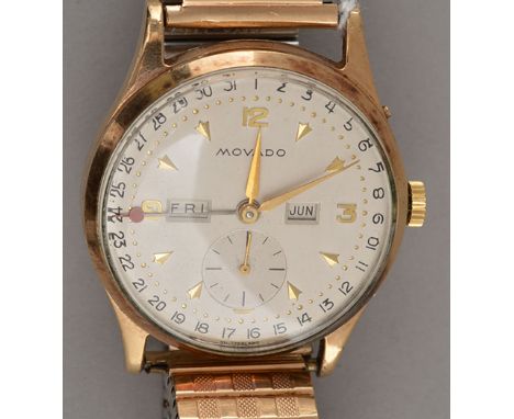 Movado: a gentleman's 9ct. gold cased calandograph style wristwatch, circular dial with arabic quarters and arrowhead numeral