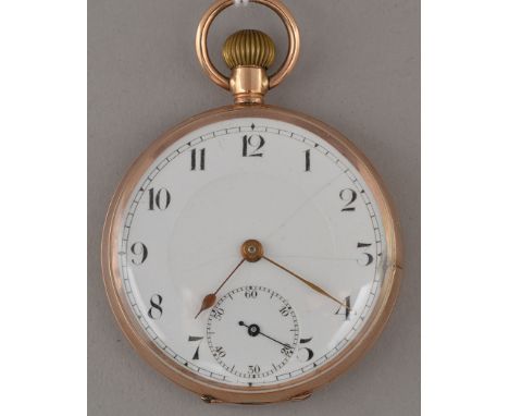 A George V gentleman's 9ct. gold open faced, crown wind pocket watch, enamelled arabic dial, engine turned back cover, inscri
