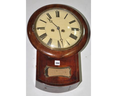 A 19th Century stained wood drop down wall clock, circular painted roman dial, two train movement with convex glass within br