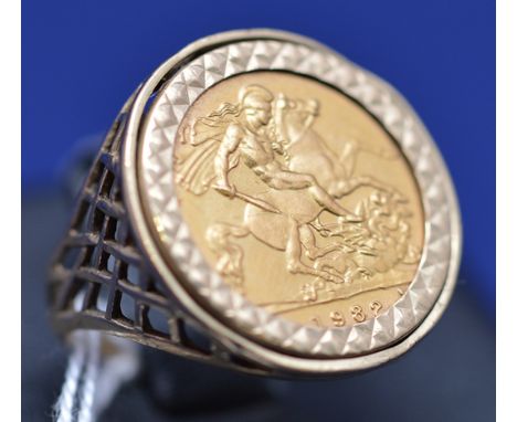 An Elizabeth II gold half sovereign, 1982, in 9ct. yellow gold ring mount, ring size P, 7.5grms.