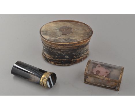 A 19th Century banded agate container and cover with gilt metal mounts, 6.5cms (2 1/2in.); a 19th Century agate trunk pattern