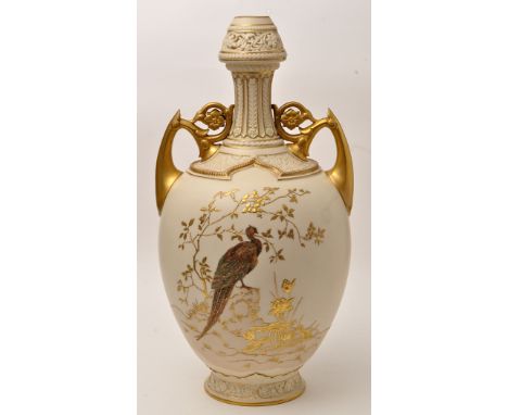 Very large Royal Worcester gilt and ivory urn shaped vase, the pear shaped body with pheasant upon rocky outcrop with branchi