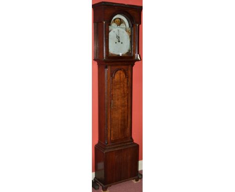 A Georgian oak longcase clock, the painted arabic dial indistinctly signed, painted four continent spandrels, subsidiary seco