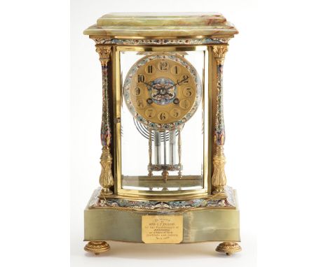 Japy Freres Et Cie: a French cloisonne and gilt four glass mantel clock, with gilt arabic dial within cloisonne surround, dru