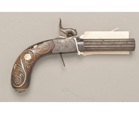 A 19th Century percussion pistol, the fluted twist-off barrel beyond dolphin pattern hammer flanked by leaf scroll engraved l