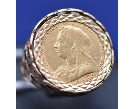 A Victorian gold half sovereign, 1890*, in 9ct. yellow gold ring mount, ring size P, 7.7grms.