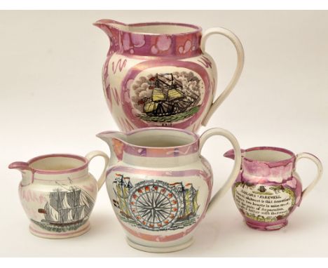Four coloured printed 'Marine' lustre pearlware jugs of 'North East' interest, with "brig" and "schooner", mariner's compass,