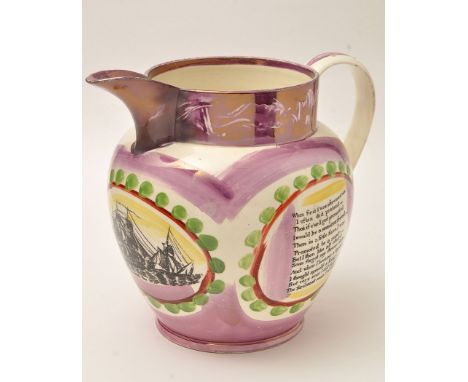Large coloured printed lustre creamware jug of 'North East' interest, with "The Mariner's Compass", "William IV" and moral ta