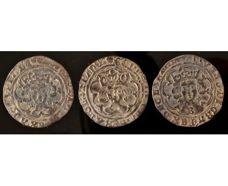Three Edward IV groats, First Reign, light coinage, all crowned facing busts, two with crosses at neck, M.M. Sun, c.1467-8, o