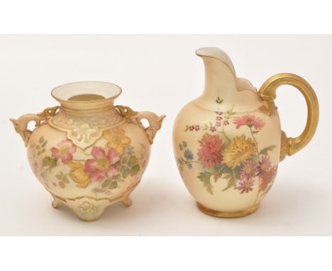 Royal Worcester blush ivory ewer, painted with flower sprays to the sides, gilt handle and foot, height 11.5cm, printed facto