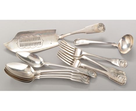 A part George III flatware service, by James Beebe, London 1812, fiddle and shell pattern with engraved initials, comprising: