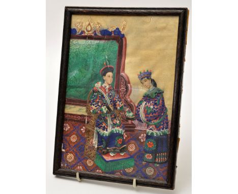 Chinese painting on paper of  young dignitary, seated with female attendant at his side, large panel screen beyond, framed, 2