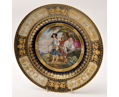Dresden cabinet plate with 'Charles Ite at The Hunt', after Anthony Van Dyck, the central panel finely painted within bleu du